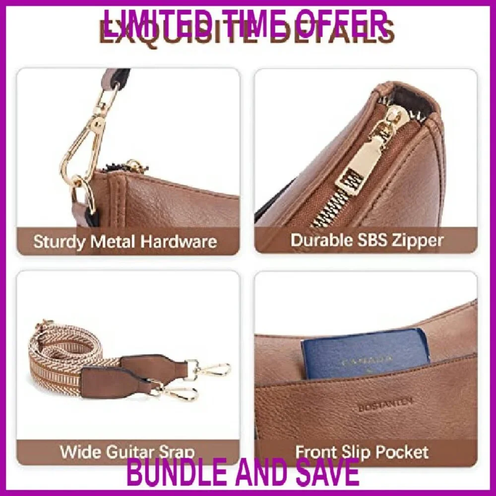 Vegan Leather Crossbody Bag Adjustable Guitar Strap Multi-Pocket Hobo Purse